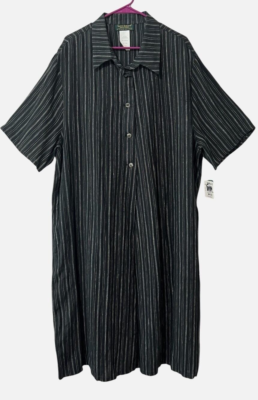 VTG 90s Harve Benard Linen Midi Dress Black Pinstripe Mock Split Lagenlook NWT